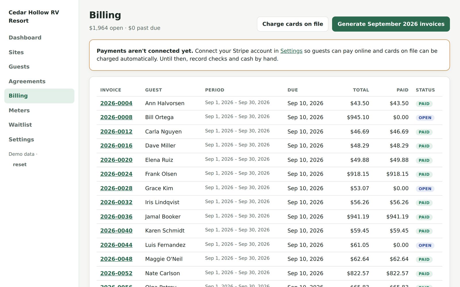 Billing screen with monthly invoice generation and a ledger of paid and open invoices