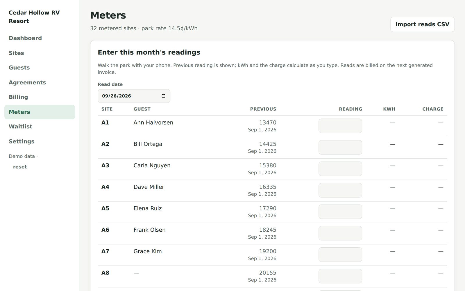 Meter readings screen listing sites, previous and current readings, kWh and charge