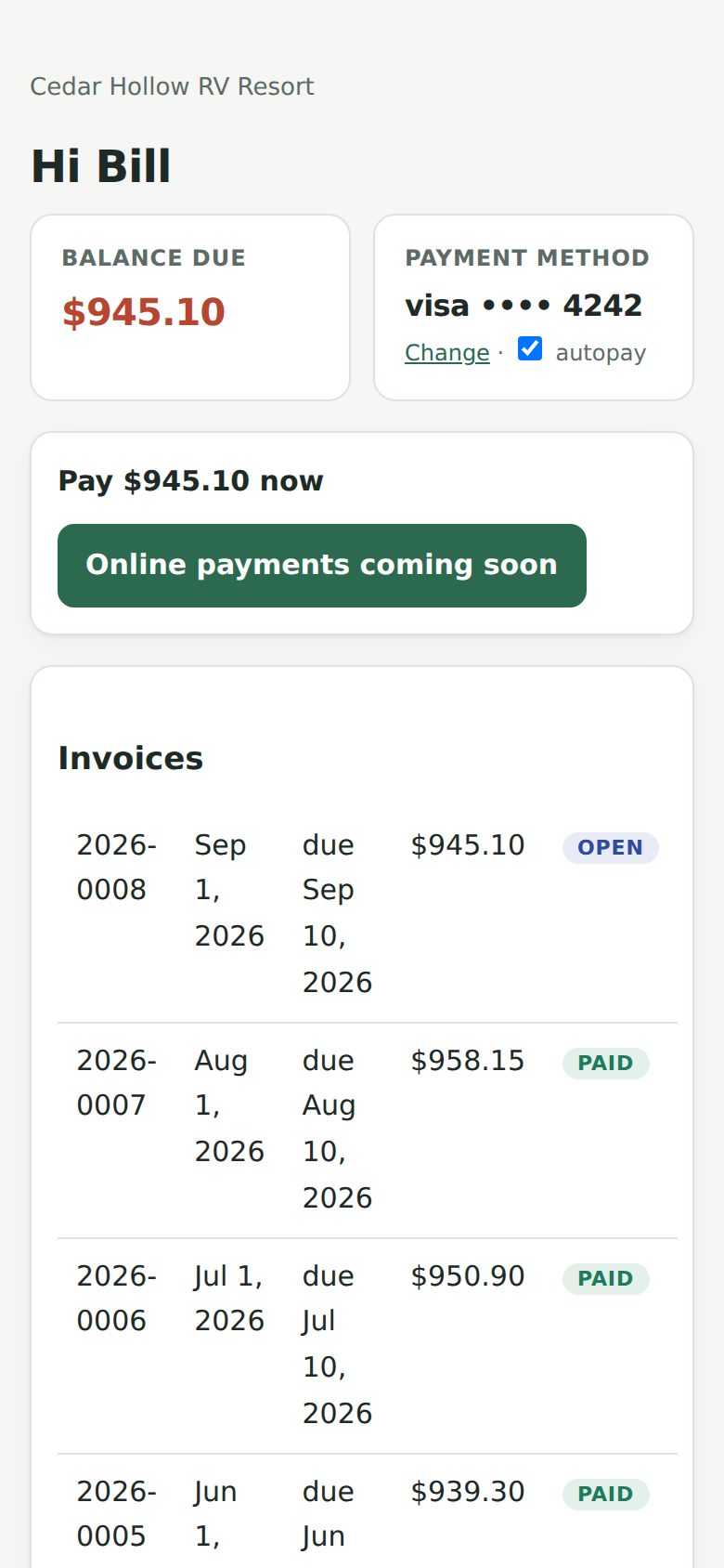 Guest portal on a phone: balance due, pay online, saved card, invoices