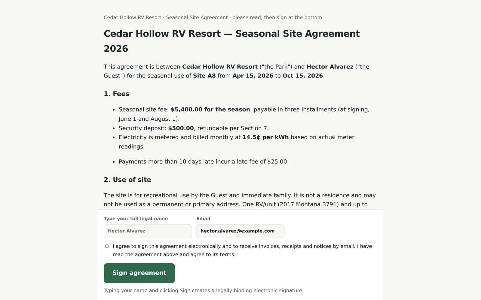 Guest signing page showing the agreement text and a typed-name signature form