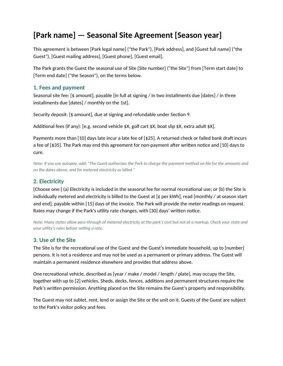 Preview of the first page of the seasonal site agreement template